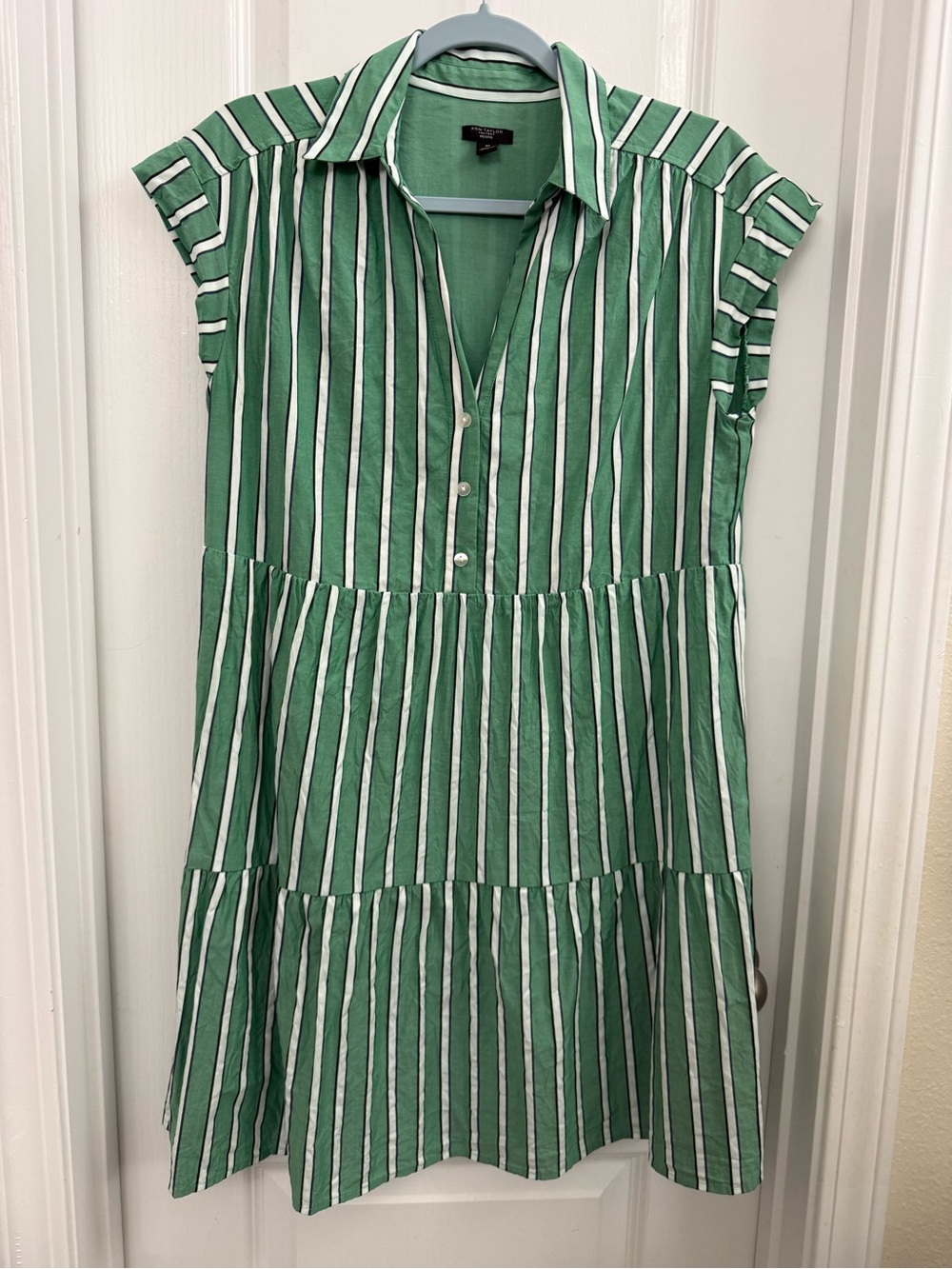 Ann Taylor Factory Green & White Striped Shirt Dress